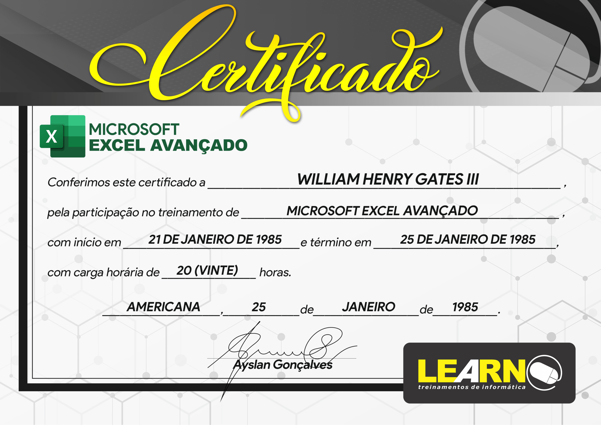 Modelo de certificado do curso de Excel